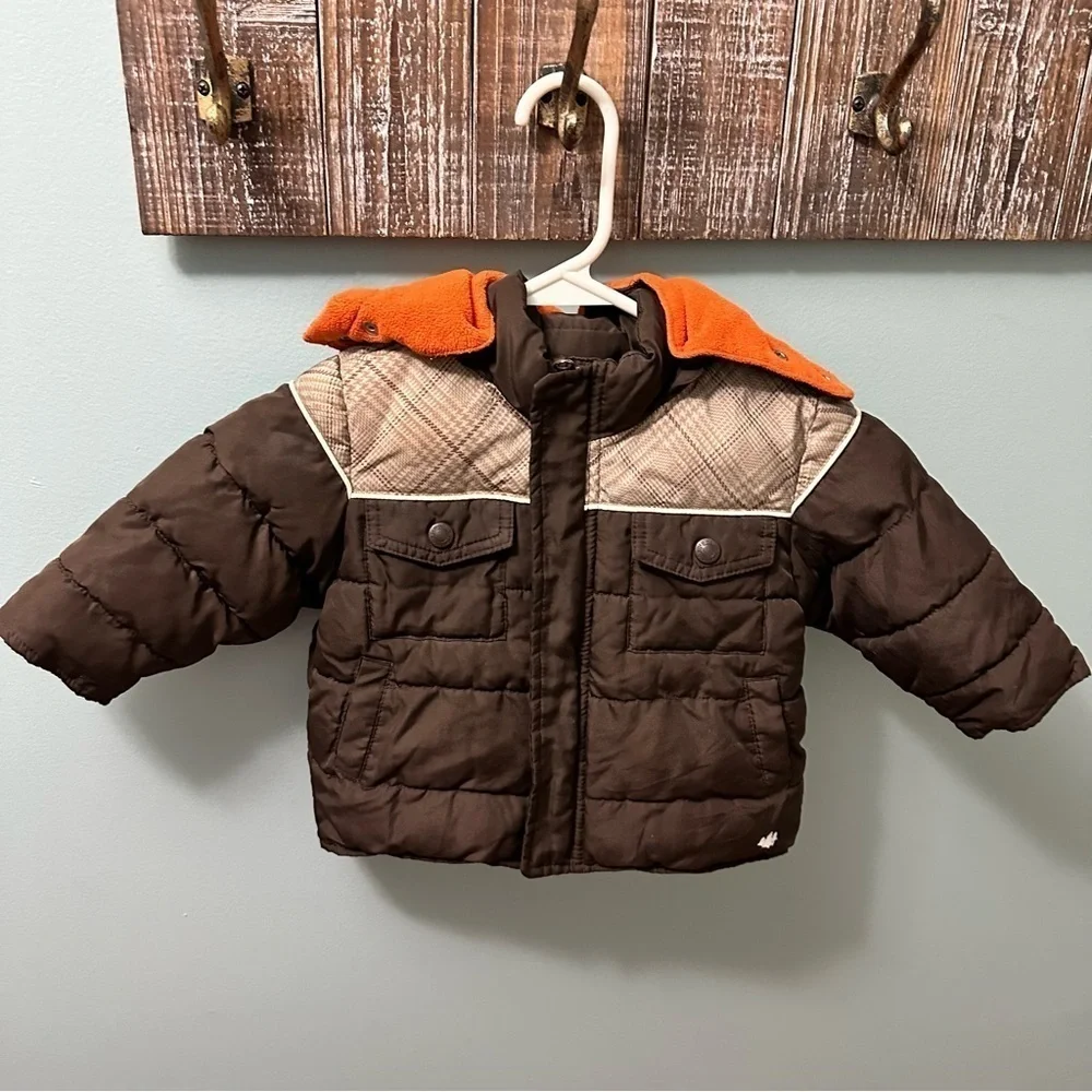 Old Navy brown/orange  puffer jacket 6-12 months fleece hooded
